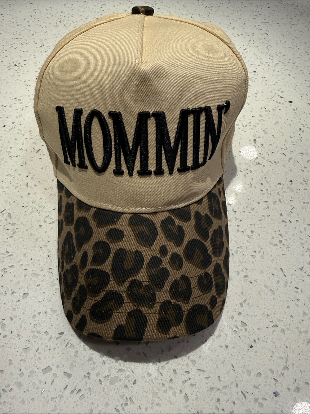 Source Unknown Beige Baseball Cap with Black "MOMMIN'" and Leopard Bill
